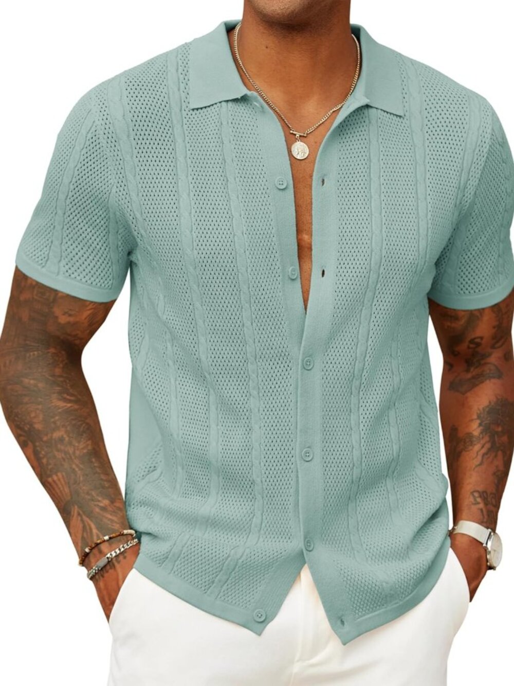 Men’s Ice Green Knit Button-Down Polo Summer Beach Casual Top Shirt